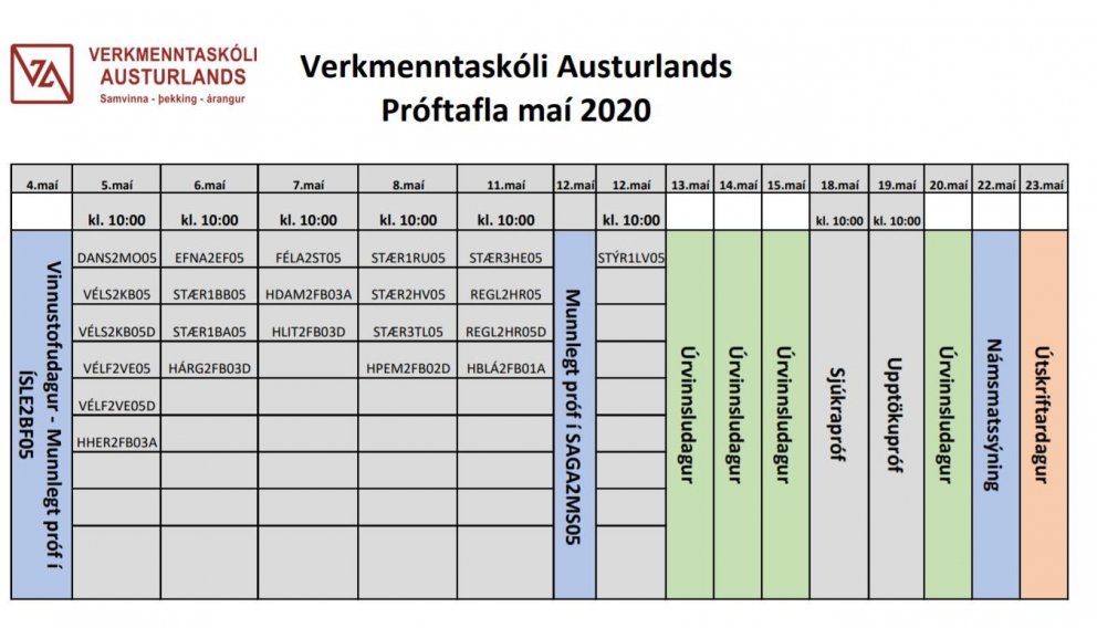 Próftafla vorannar hefur verið birt