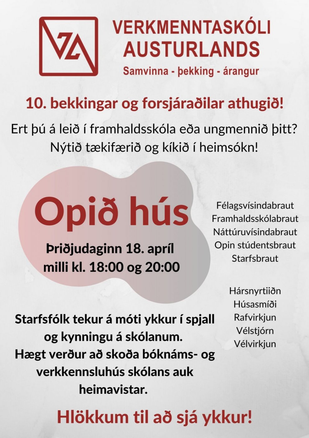 Opið hús 18. apríl frá 18-20